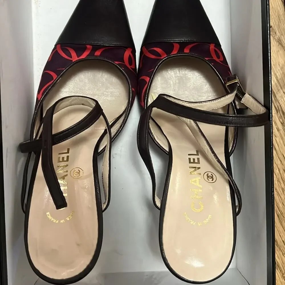 CHANEL VINTAGE‎ INTERLOCKING CC LOGO LAMBSKIN TRIM SLINGBACK SANDALS SIZE 38